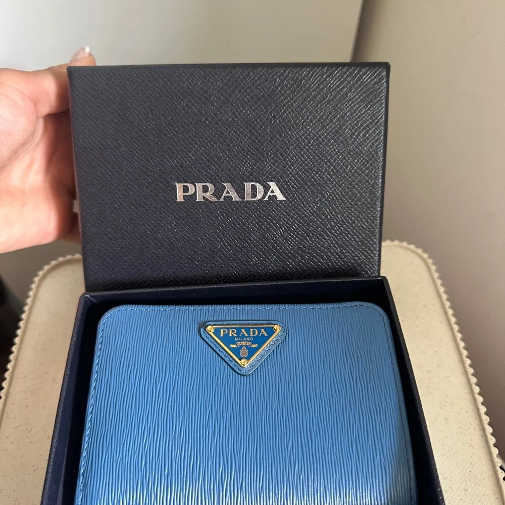 PRADA Blue Vitello Move Tr Leather Triangle Logo Compact Wallet